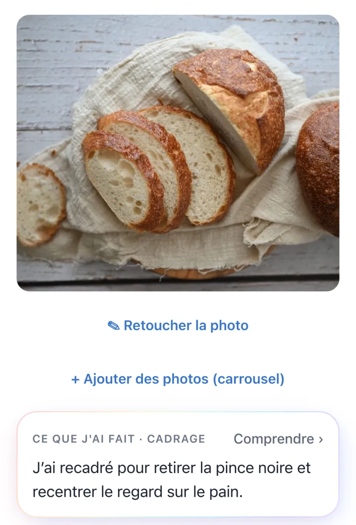 Une vraie photo de pain au levain, recadrée par Mon Petit CM, et son explication : « J'ai recadré pour retirer la pince noire et recentrer le regard sur le pain. »
